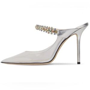 Jimmy Choo Bing 100 Crystal Clear PVC Silver Mule Heels EU 38 Multicolor Strap